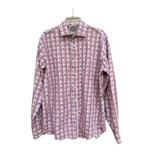 Thomas Dean Red and White Casual Long Sleeve Button Down Shirt Men’s
